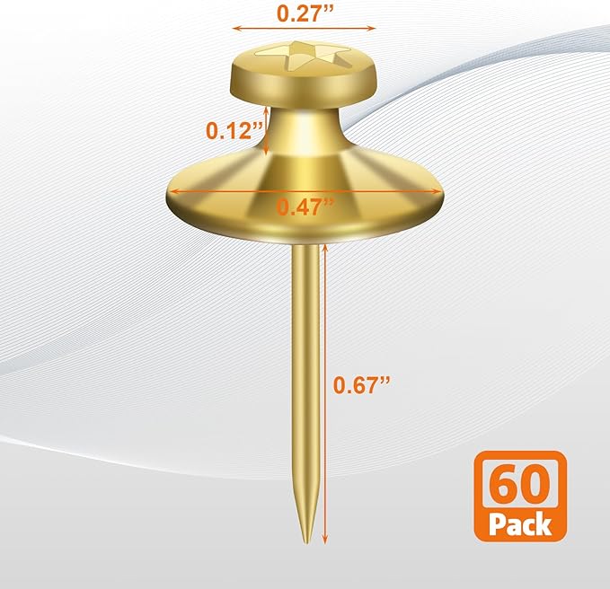 KURUI 60-Pack Metal Push Pins for Wall Hanging Decor, Renter Friendly Hooks for Bedroom Office Gallery Dorm Home, Double Headed Thumb Tacks for Tapestry/Canvas/ Picture Frame/Art, Gold Picture Hangers
