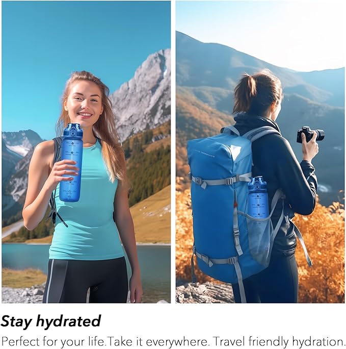 32oz Motivational Water Bottles with Time Marker & Fruit Strainer, Transparent Gradient Color Water Bottle with Times to Drink, Leakproof & BPA Free, Reusable Bottle with Strap (No Straw)
