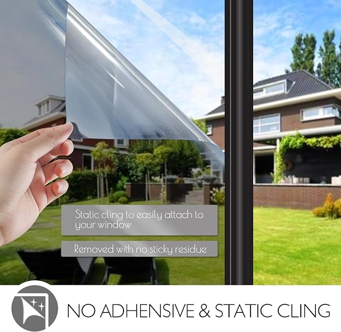 HIDBEA One Way Privacy Window Film, Daytime Mirror Reflective Heat Control UV Sun Blocking Non-Adhesive Static Cling Window Tint for Home and Office(Gray-Silver, 17.5 Inch x 6.5 Feet)
