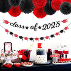 Red Black Party-Decoration Graduation Banner - 14pcs Kits Cap Garland Streamers, Paper Tissue Pom Poms Flowers Fans Honeycomb,Class Of 2025 College High School Grad Decor Hugfond