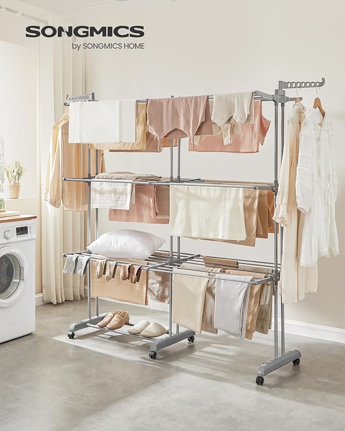 SONGMICS Clothes Drying Rack 4-Tier, Foldable Laundry Drying Rack 69.9-Inch Tall, Extendable Rods, Stainless Steel, Rolling Clothes Horses, Clothes Airer, Indoor Outdoor Use, Dove Gray ULLR704G01