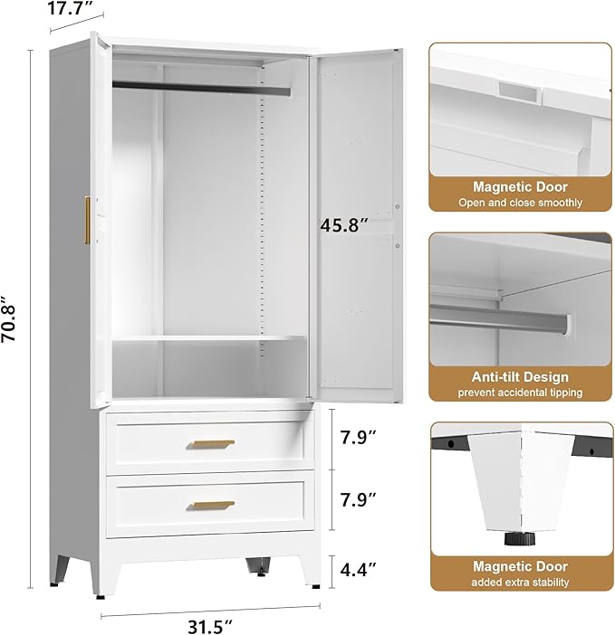 71'' Farmhouse Metal Wardrobe Cabinet with Hanging Rod, 2 Barn Door Wardrobe Closet with Adjustable Shelves,2 Drawer,for Dining Room,Bedroom,Living Room, Cloak Room,Office (White)