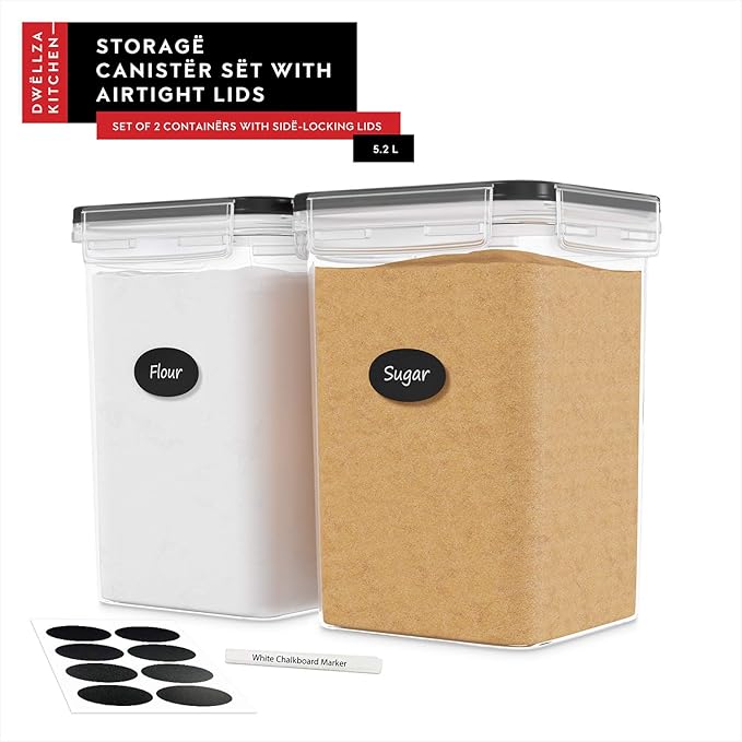 DWËLLZA KITCHEN Large Flour Sugar Storage Containers Set of 2; 175 FL. oz - 5.2L Plastic Airtight Food Storage Containers with Lids for Kitchen Pantry Organization - Food Containers, Labels & Marker