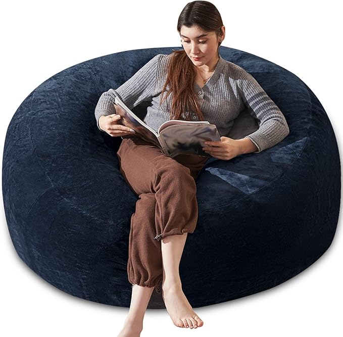 Bean Bag Chair 5Ft, Memory Foam Filled, Large Beanbag Chairs for Adults and Teens, Soft Sofa with Removable Flannel Cover, Round Couch for Living Room Bedroom College Dorm (Blue, 5FT-60×60"×24")