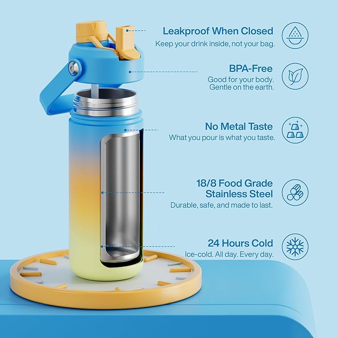 Insulated Water Bottle with Straw Stainless Steel Water Bottle, Leak-Proof, BPA-Free, Double Wall Vacuum Keeps Cold for 24 Hours for Sports, Travel, School (18 oz, Sunny Breeze)