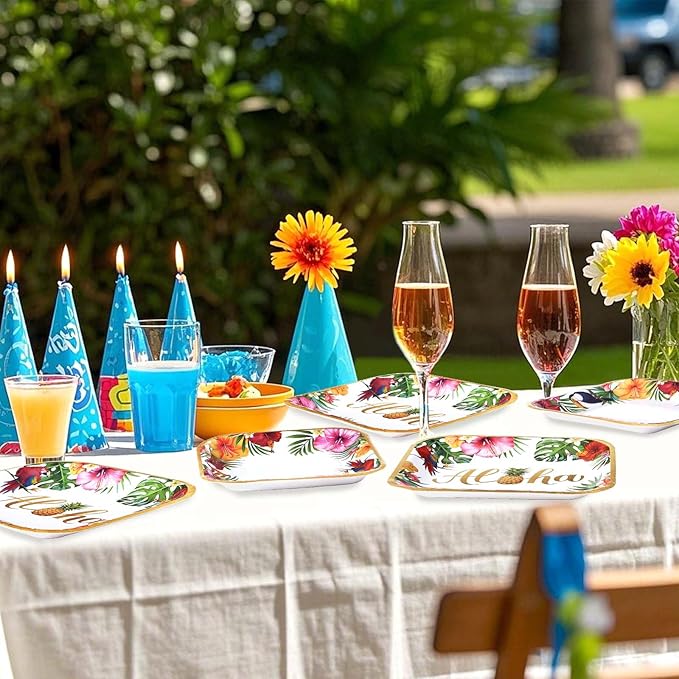 Grencian 200Pcs Hawaiian Luau Party Decorations Aloha Tropical Hibiscus Floral Luau Plates and Napkins Palm Leaf Tableware Sets for Summer Holiday Hawaiian Birthday Dinner Party Supplies Serves 50