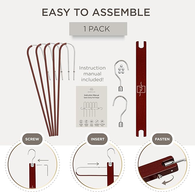 MORALVE Pants Hangers Space Saving - European Beechwood Scarf and Jean Hangers - Closet Organizer and Space Saver Pant Rack, Leggings Hanger, and Scarf Holder with 360° Swivel Hook (1 Pack)