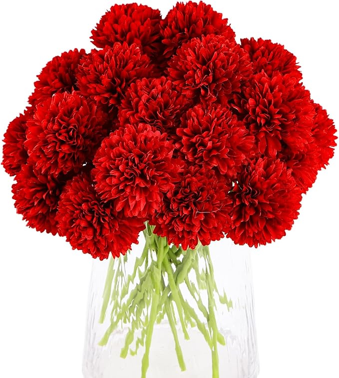Kimura's Cabin 20pcs Fake Mums Flowers Artificial Silk Chrysanthemum Hydrangeas Ball for Wedding Arrangements Home Kitchen Party Table Centerpieces DIY Bouquets (Red)