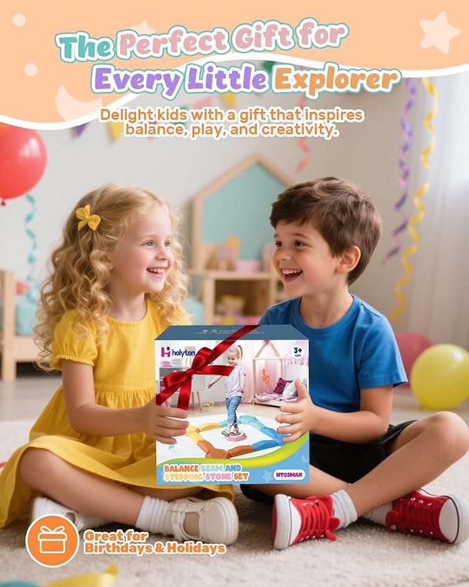 Holyton Music Light Up Balance Beam and Toddler Stepping Stones 13 Pieces, Non-Slip Plastic Balance Stackable Stepping Stones for Kids, Sensory Toys for Toddlers, Indoor or Outdoor Play, Easy Storage