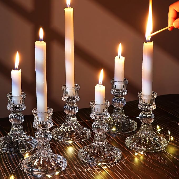 Candlestick Holders Set, 4" H Taper Candle Holders Bulk, 12Pcs Glass Candle Holders for Wedding, Festival, Party & Windowsill Decor