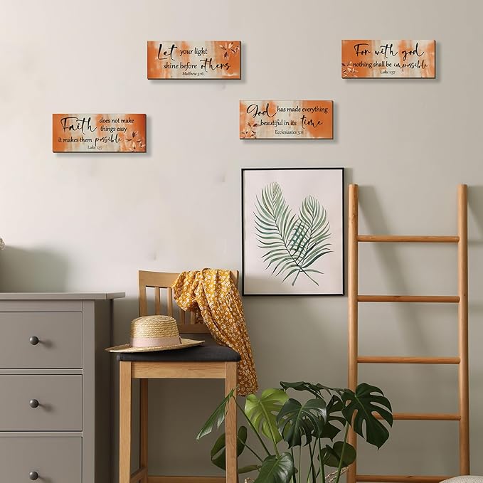 FENCORDAR 4 Pieces Orange Bathroom Decor Bible Verses Decor Wooden Orange Wall Decor Abstract Office Christian Wall Decor Religious Art for Women Office Home Bedroom Living Room Decor(10x4)
