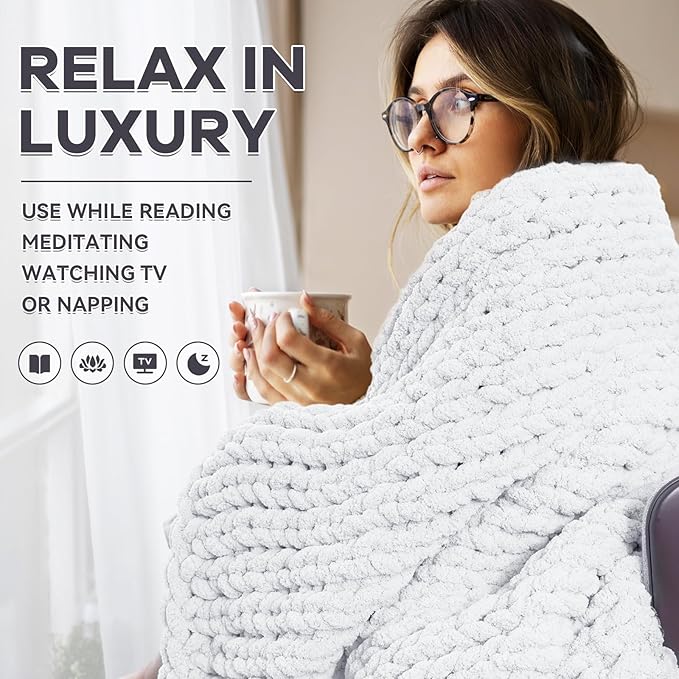 Chunky Knit Blanket - Luxury Soft Cozy 40 * 50 Throw Blanket,100% Woven Blanket Rope Knot Throw Blanket for Couch, Sofa, Home Decor, Gift - Machine Washable(White)