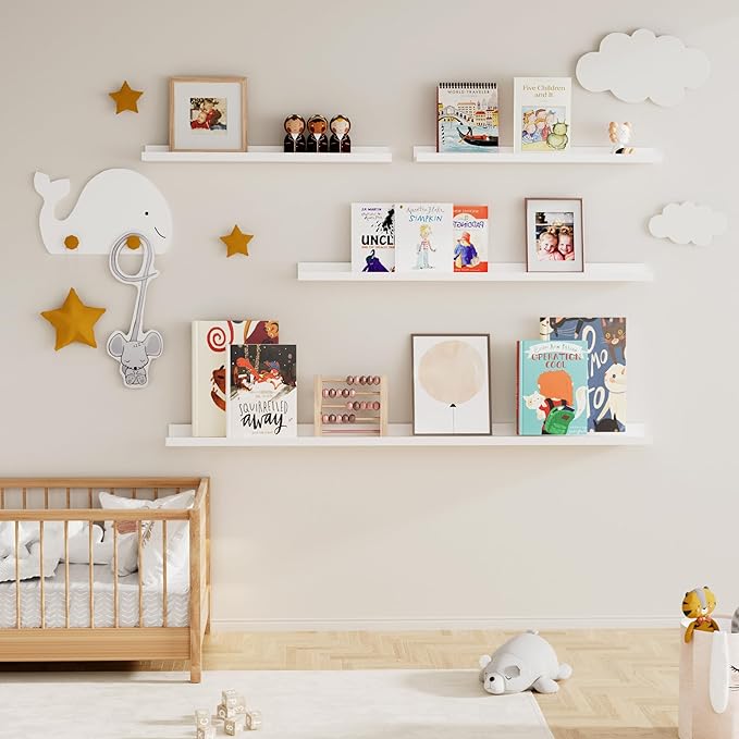 Fun Memories Picture Ledge Shelf, 48 Inch Floating Shelves Set of 2, Large Nursery Book Shelves for Toys Storage, Kids Bookshelf Wall Mounted for Wall Decor Books Photo Frames, White