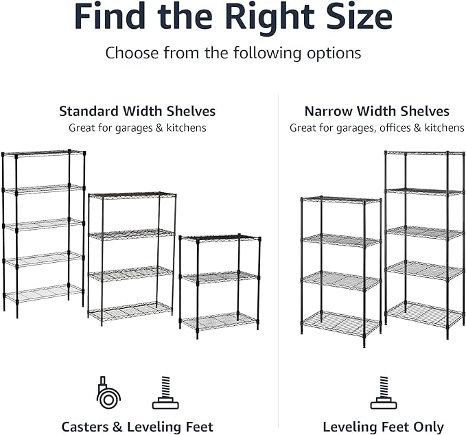 Amazon Basics 4-Shelf Steel Wire Storage Rack, Adjustable, Sturdy, Easy Assembly, 13.4 D x 23.2 W x 48 H in, Black