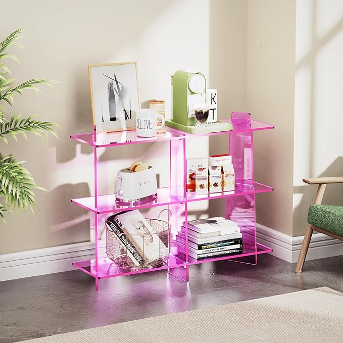 Acrylic Bookshelf, Small 3 Tier Open Bookcase for Small Spaces,Sofa Table, Hallway Entry Table for Home Living Room (Pink, 39.4'' x 11.8'' x 31.5'')