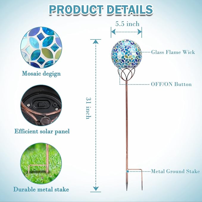 Solar Lights Outdoor Decorative, Solar Gazing Ball Mosaic Garden Stakes Decorative Waterproof Outdoor Lights for Pathway Yard Lawn Decoration (Blue)