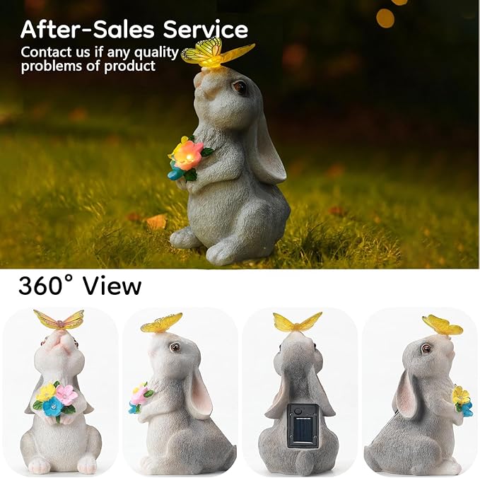 Solar Bunny Statues Light with Butterfly LED - Auto On/Off Weathproof Resin Garden Figurine Decor Gift for Pathway, Patio & Mom's Flower Bed (Warm Light)