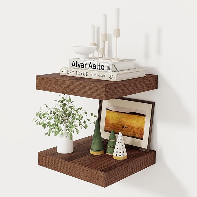 Fun Memories 12 Inch Floating Shelf, Rustic Wood Wall Shelves for Wall Decor & Storage, 12 x 12 Floating Shelf for Living Room, Bathroom, Bedroom, Walnut, Set of 2
