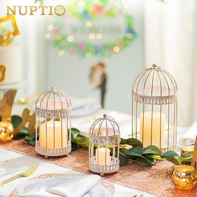 NUPTIO Decorative Candle Lanterns White: 3 Pcs Distressed White Metal Bird Cage Indoors Lantern Centerpiece Assorted Rustic Birdcage Pillar Candle Holders for Home Living Room Porch Office Decoration