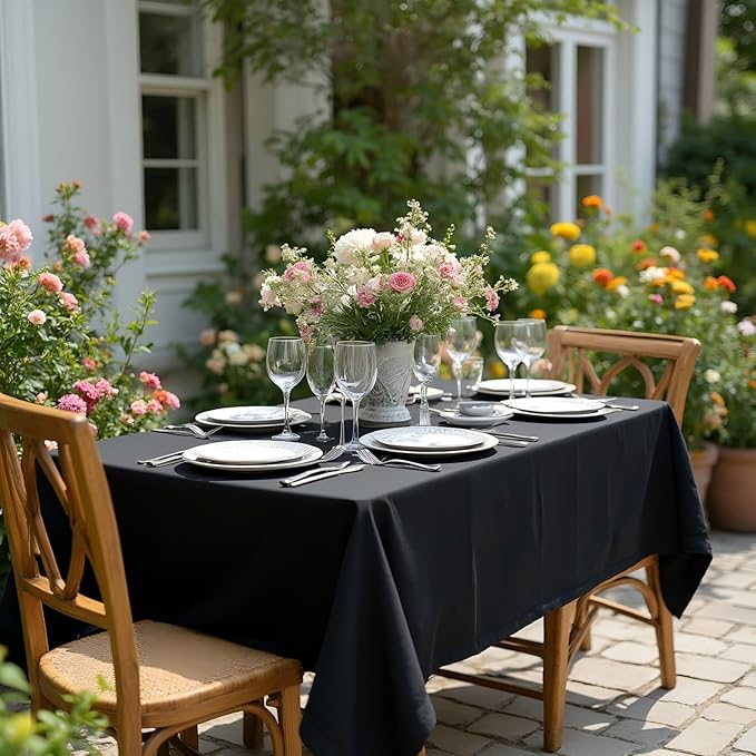 sancua Rectangle Tablecloth - 90 x 132 Inch - Water Resistant Spill Proof Washable Polyester Table Cloth, Decorative Fabric Table Cover for Dining Tables, Buffet Parties and Camping, Black
