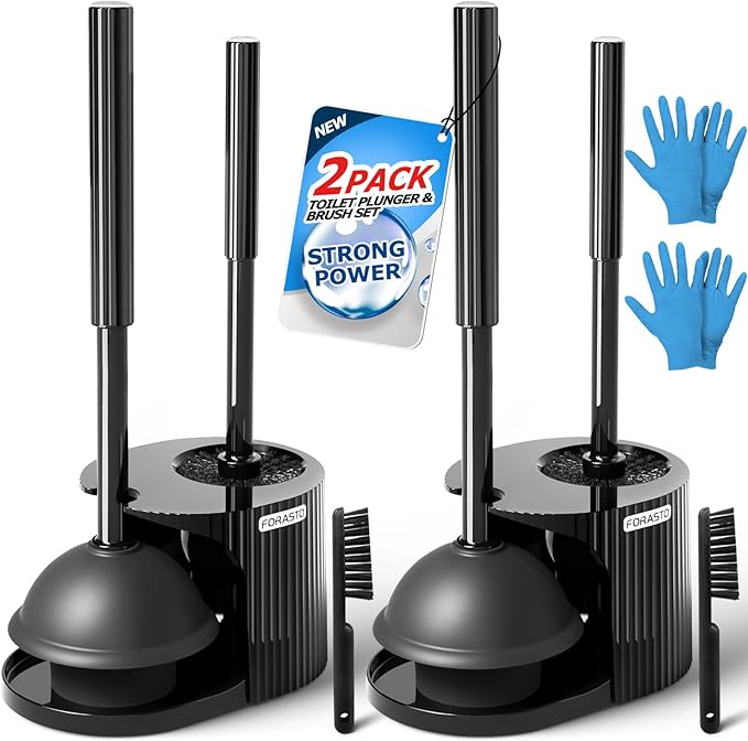 2Pack 2 in 1 Toilet Brush and Plunger Set, Extended Handle Plunger,Toilet Bowl Brush Plunger Set,Clean Gloves,Cleaning Tools,Cleaning Brush,Cleaning Supplies,Toilet Brush Plunger Combo,Black