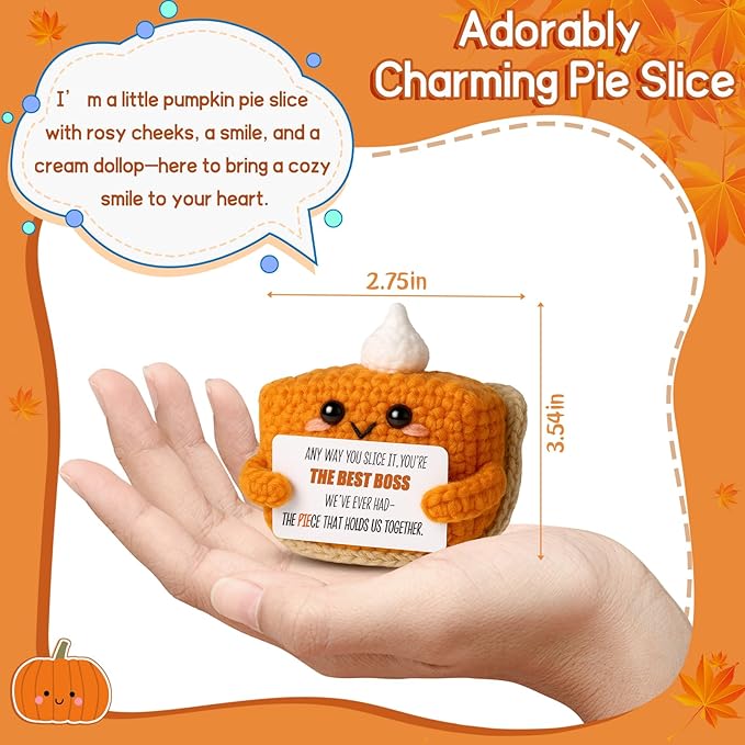Crochet Pumpkin Pie Gift Idea for Boss – Funny Handmade Appreciation Plush with card “Best Boss” – Farewell Gifts for Women Men, Office Desk Decor, Mini Thank You Token for Manager, Supervisor, Leader