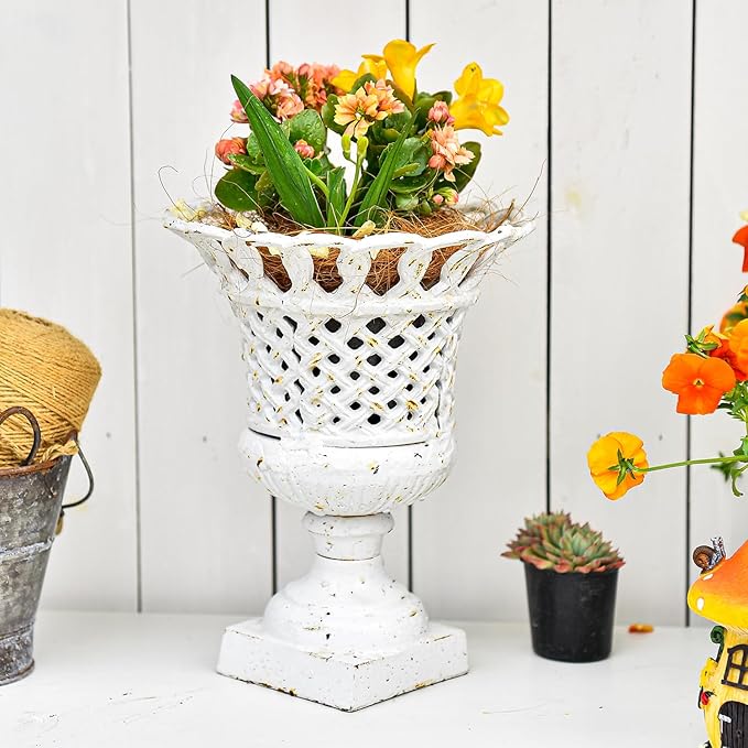 Sungmor Heavy Duty Cast Iron Urn Planter, Beautiful Hollow Trophy Design Tall Orchid Flower Pot, Large Decorative Plastic Flowers Plants Bouquets Vase, Rustic French Country Pot for Home or Garden
