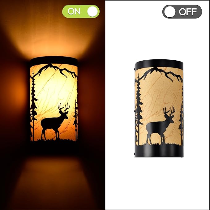 Wall Sconce Light,Deer Metal Yellow Parchment Farmhouse Wall Sconce,Rustic E26 Base Wall Mount Lamp,Vintage Matte Black Bedroom Wall Lights,Indoor Wall Lamps for Living Room,Hallway,Porch