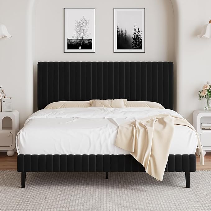 Queen Bed Frame, Velvet Upholstered Platform Bed with Vertical Channel Tufted Headboard, No Box Spring Required, Easy Assembly, Black