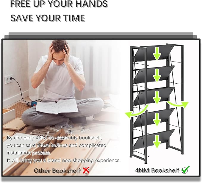4NM No Assembly Foldable Bookshelf, 5-Shelf Collapsible Bookcase Storage for Small Spaces, 62.2" H, All Black