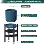 D'vine Dev Ceramic Planter with Ebony Stand - 12 Inch Modern Round Flower Pot with Wood Planter Holder, Teal, 55-B-H-4