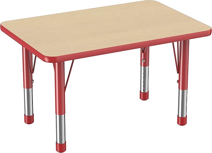 FDP Rectangle Activity School and Classroom Kids Table (24 x 36 inch), Chunky Toddler Leg, Adjustable Height 15-24 inches - Maple Top and Red Edge
