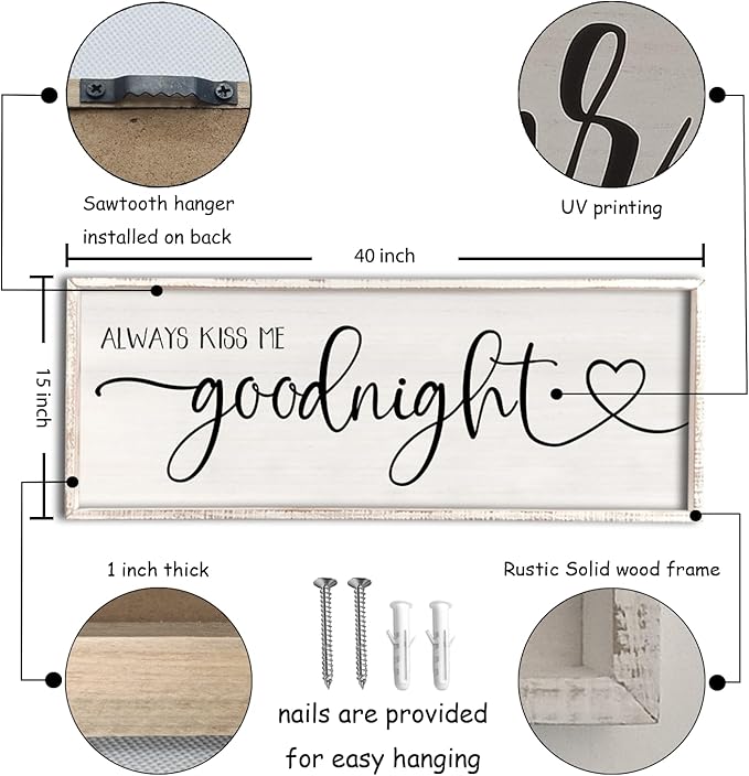 flowtorely Always Kiss Me Goodnight Wall Sign For Master Bedroom Above Bed Wall Decor 40''×15'' Large Rustic Solid Wood Frame For Farmhouse Couples Above bed Wall Art Decoration (White)