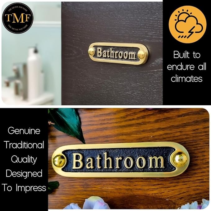 Bathroom Brass Door Sign. Traditional Style Home Décor Wall Plaque Handmade By The Metal Foundry UK.