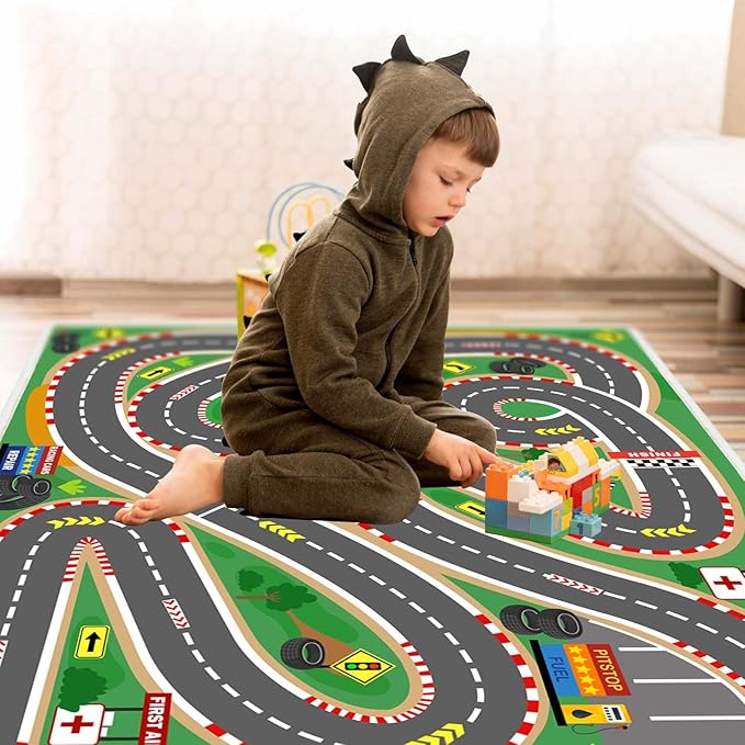 Kids Rug Race Track Play mat Playroom Rug Car Rugs for Kids Toy Cars Road Rugs for Kid Classroom (Race-Green, 2.6x3.9ft)
