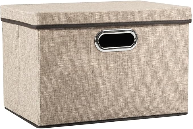PRANDOM Collapsible Storage Cubes with Lids [1-Pack] Jute Fabric Foldable Storage Boxes Organizer Containers Baskets Bins with Cover for Home Bedroom Closet Office Nursery (14.9x9.8x9.8)