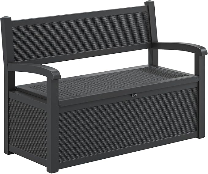 70 Gallon Deck Bench with Storage,Outdoor Storage Box Bench Waterproof&Lockable, Resin Patio Furniture with Armrest for Patio, Porch, Garden,Black