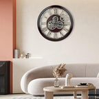 The B-Style Large Wall Clock 24 inch Moving Gear Wall Clock Oversized Vintage Farmhouse Wall Clocks for Living Room Decor Rustic Industrial Wood Clock (Cherry red and Bronze)