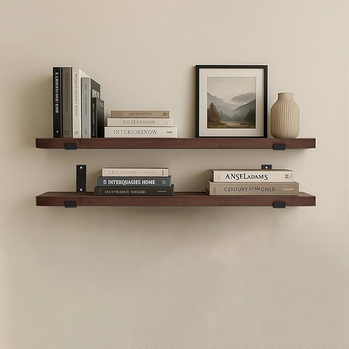 CONSDAN Floating Shelves for Wall Mounted Book Shelf Hanging Shelves Floating Bookshelf for Bedroom, Bathroom, Living Room, Kitchen USA Grown Solid Hardwood, Dark Maple 16x7.5x1.5 in (Set of 2)