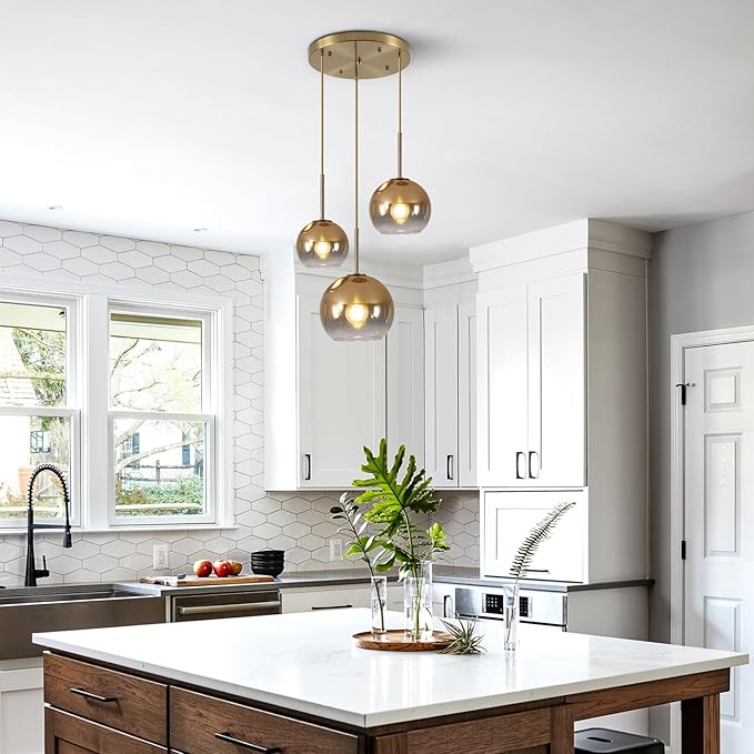 KCO Lighting Gold Cluster Pendant 3-Light Large Glass Pendant Lights Kitchen Island Bubble Globe Chandelier Mid Century Modern Hanging Light