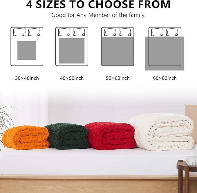 L'AGRATY Chunky Knit Blanket Throw - Soft Chenille Yarn Throw Blanket 40x50： Handmade Thick Cable Knit Crochet Blanke - Large Knit Blanket Chunky Rope Knot Throw Blanket for Couch Sofa Bed Home Decor