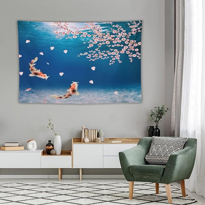 Japanese Koi Fish Tapestry, Cherry Blossoms Asian Oriental Blue Floral Branch Koi Fish Carp Tapestries Wall Hanging for Bedroom Living Room Office Decor 90"x60"