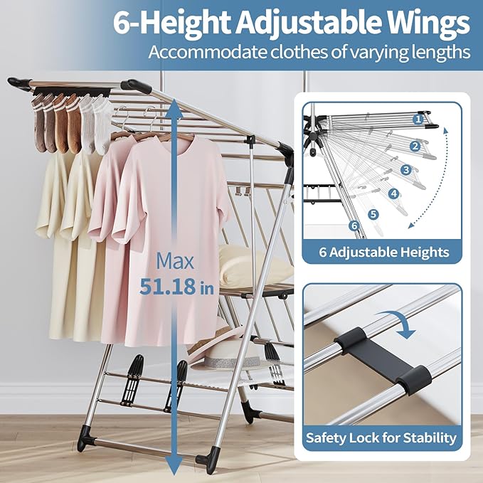 APEXCHASER Clothes Drying Rack with High Hanger, Foldable 3-Level Drying Racks with Shoe Rack, Crossbar and Vertical Rod Laundry Stand with Adjustable Wings Silver