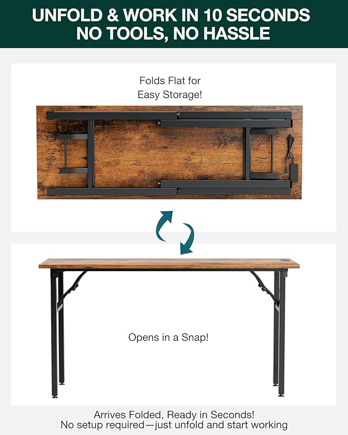Frylr Small Folding Computer Desk – 55.1 Inch Portable Table for Craft and Study, Lightweight Desk for Small Spaces, Foldable Laptop Table Built-in AC/USB Outlets for Convenience, Rustic Brown