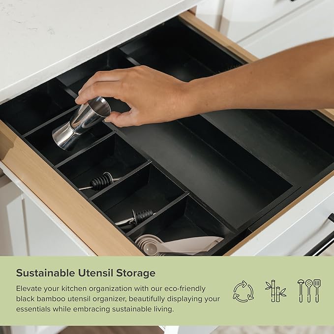 Adjustable Kitchen Drawer Organizer for Utensils and Junk, Food-Safe Contract Grade with 100% Sustainable Wood, Expandable from 10.5 to 19 Inches Wide - Black Bamboo