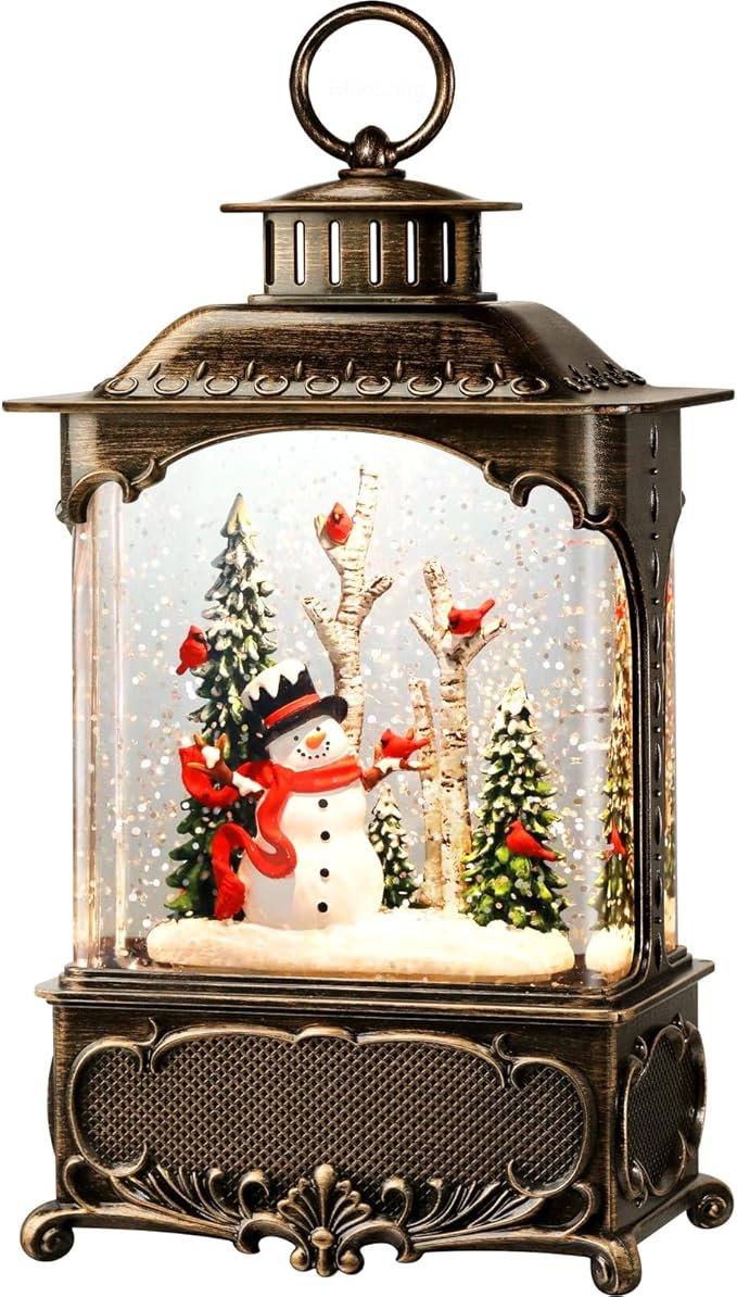 Snowman Snow Globe Lantern Christmas Decorations Gifts Auto Snowfall Glitter Music Collection Snowman Cardinal Birch Forest with 6H Timer USB/Battery Powered 10.2 inch