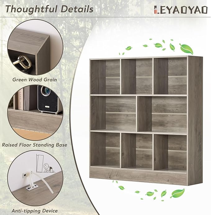 LEYAOYAO 8 Cube Bookshelf with Base,3 Tier Mid-Century Modern Grey Bookcase,Standing Wide Bookshelves Storage Organizer Shelf,Rustic Wood Display Cabinet Book Shelves for Bedroom,Living Room,Office