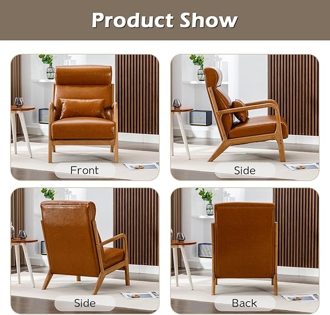 INZOY Mid Century Modern Accent Chair with High Back, PU Leather Reading Armchair with Waist Cushion, Upholstered Wood Frame Living Room Chairs for Bedroom Sunroom, Camel