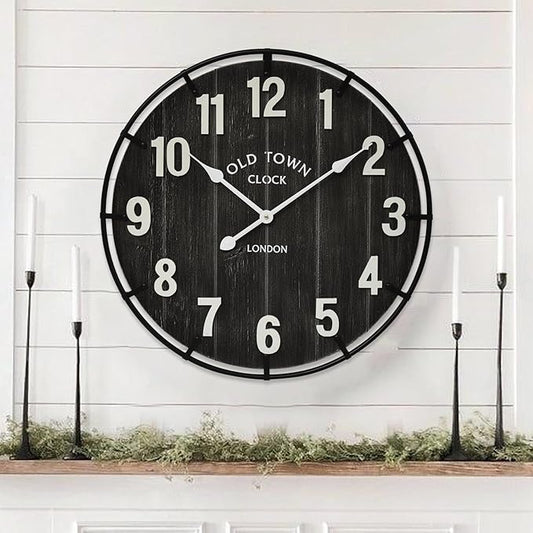 Large Old Town Farmhouse Wall Clock – 24 Inches Rustic Antique Wood with Metal Circle and Large Numerals, Silent Battery Operated Clock for Office, Kitchen, Bedroom, Living Room (Black)