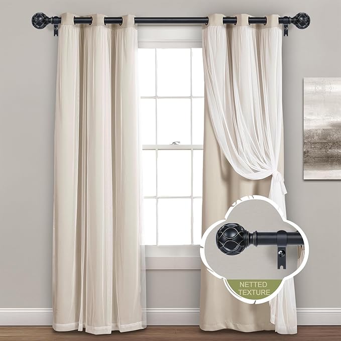 Black Adjustable Curtain Rods for Windows:18-45" Farmhouse Heavy Duty Curtain Rod for Bedroom Living Room,Boho Decorative Rustic Drapery Rods with Vintage Coastal Texture Finial,Matte Black